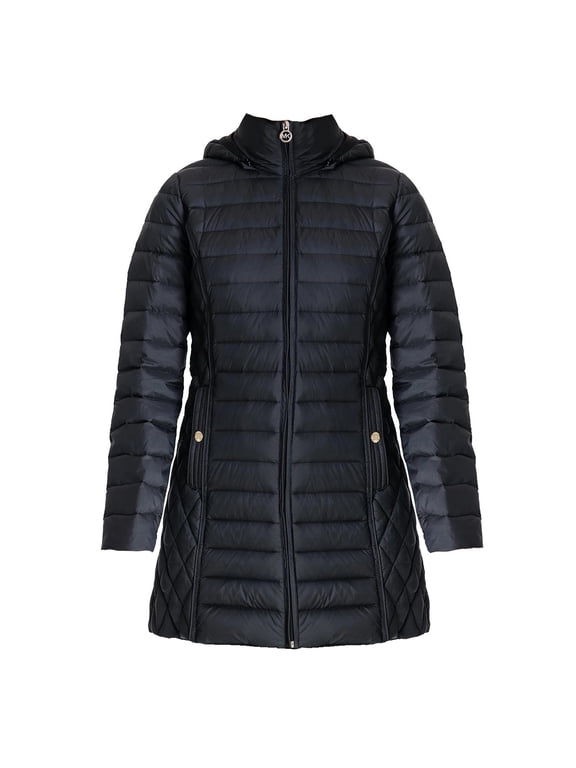 Women's Black Hooded Down Packable Jacket Coat with Removable Hood 3/4 Length