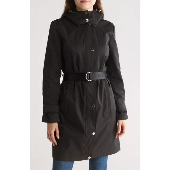 Michael Michael Kors Women's Black Logo Belted Hooded Trench Coat Jacket