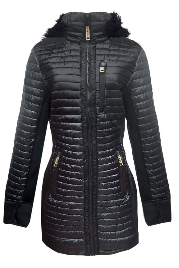 Women's Black Quilted Mixed Media 3/4 Coat Jacket with Faux Fur, S