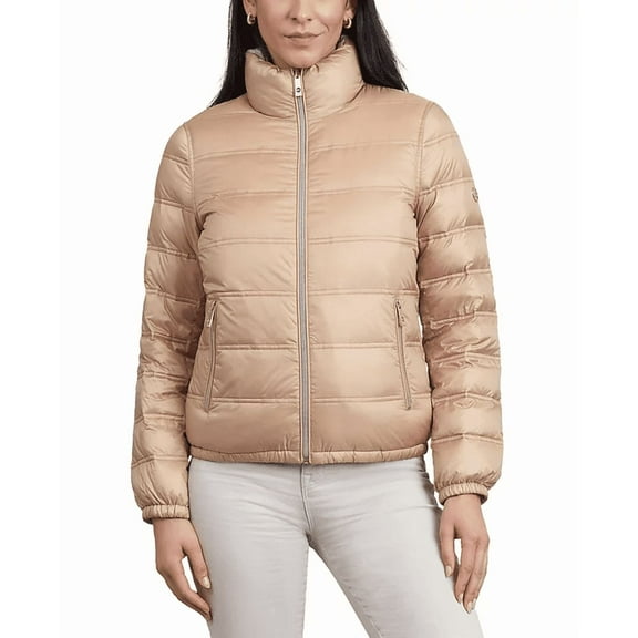 Michael Kors Women's Reversible Packable Down Jacket (Buff/Bone, L)