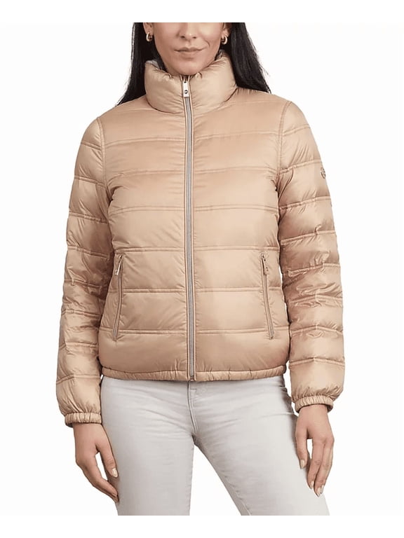 Michael Kors Women's Reversible Packable Down Jacket (Buff/Bone, L)