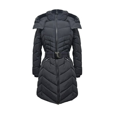 Michael Michael Kors Women's Chevron 3/4 Belted Scuba Coat w/ Removable Hood, Black, Medium