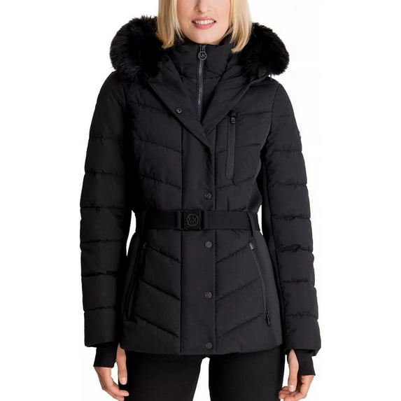 Michael Michael Kors Women's Faux Fur Hooded Puffer Scuba Belted Coat Jacket Black XS