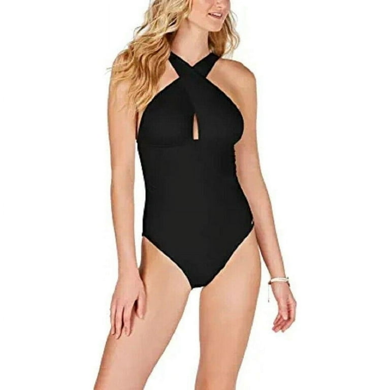 Michael Michael Kors Women's High Neck Shirred One-Piece Swimsuit (Black,  10) New with box/tags