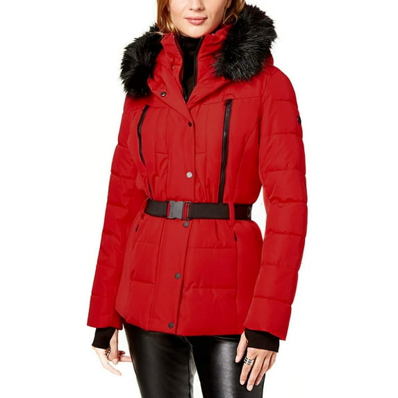 Michael Michael Kors Women's Red Lightweight Scuba Belted Puffer Coat Jacket, X-Large