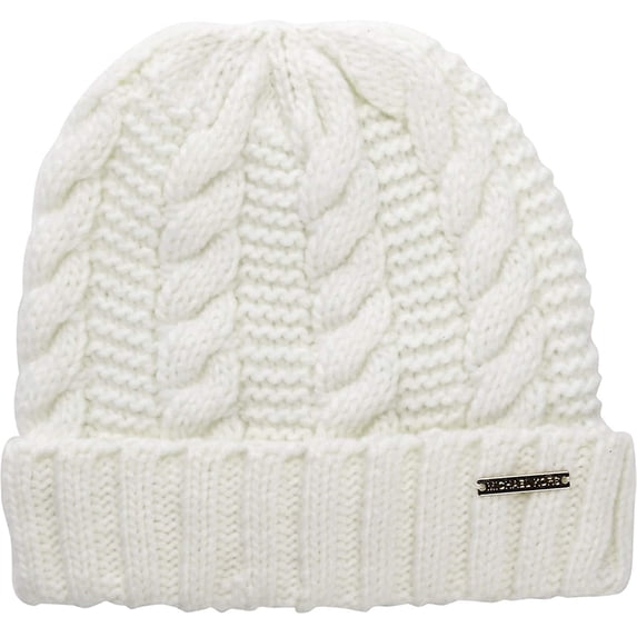 Michael Kors Women’s Cable-Knit Cuffed Beanie Hat – Soft Winter Knit, Cream/White
