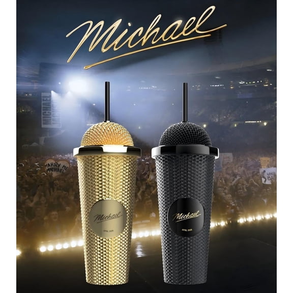 Michael Microphone Cup, King of Pop Inspired Collectible Cup with Diamond Texture Detailing and Gold Signature for Hot Cold Drinks MJ Tribute (Black)