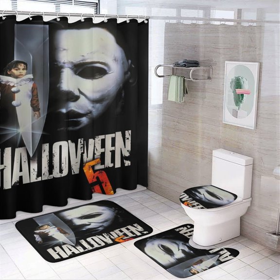 Michael Myers 4 Piece Bathroom Set Shower Curtain , Non-Slip Rugs , Toilet Lid Cover And Bath Mat with 12 Hooks for Bathroom Decor Possessing Multiple Functions Such As Anti-slip, Water Absorption,