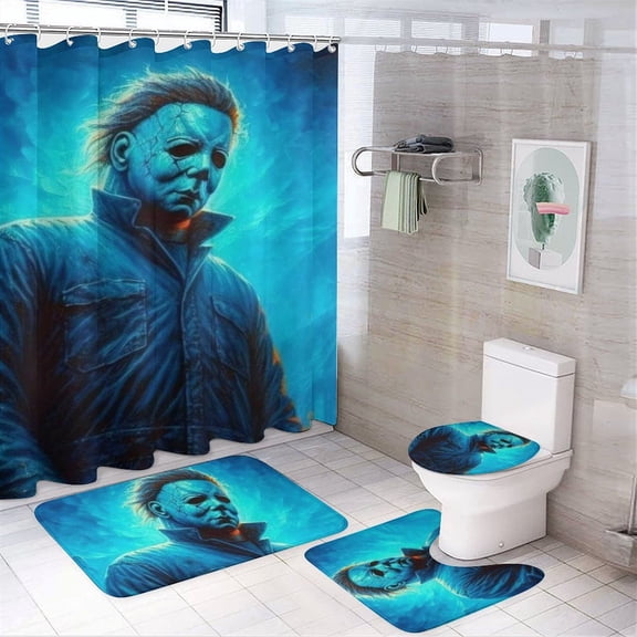 Michael Myers 4 Piece Shower Curtain Set with Non-Slip Rugs, Toilet Lid Cover and Bath Mat, Funny Bathroom Curtains Decor Set with Rugs and 12 Hooks, 72" x 72"