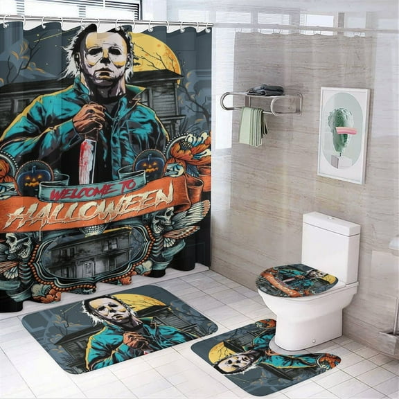 Michael Myers 4 Piece Shower Curtain Set with Non-Slip Rugs, Toilet Lid Cover and Bath Mat, Funny Bathroom Curtains Decor Set with Rugs and 12 Hooks, 72" x 72"