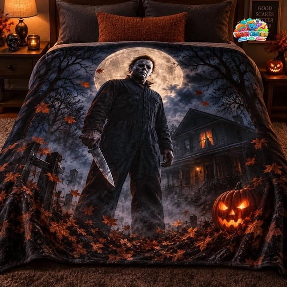 Michael Myers Flannel Blanket, Full Moon Haunted House Slasher Throw Blanket, Halloween Horror Room Decor