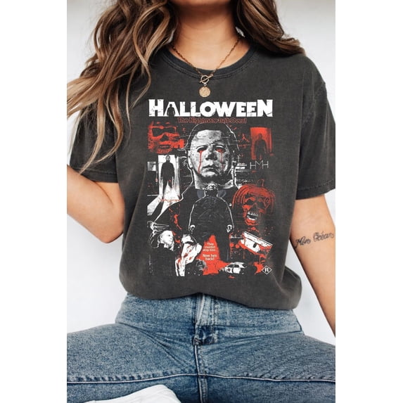 Michael Myers Halloween Horror Shirt, Classic Slasher Movie T-shirt, Vintage Horror Graphic Tee,Charcoal Color,Size L