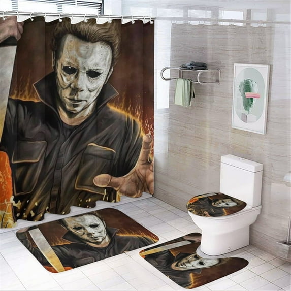 Michael Myers Halloween Shower Curtain Sets 4 Piece Bathroom Set Shower Curtain Non-Slip Rugs Toilet Lid Cover Bath Mat Bathroom Decor