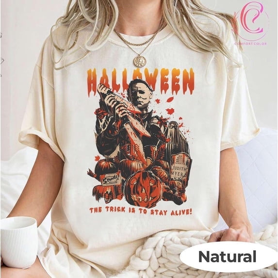 Michael Myers Halloween T-Shirt, The Trick Is To Stay Alive Tee, Horror Movie Slasher Graphic,Natural Color,Size 2XL