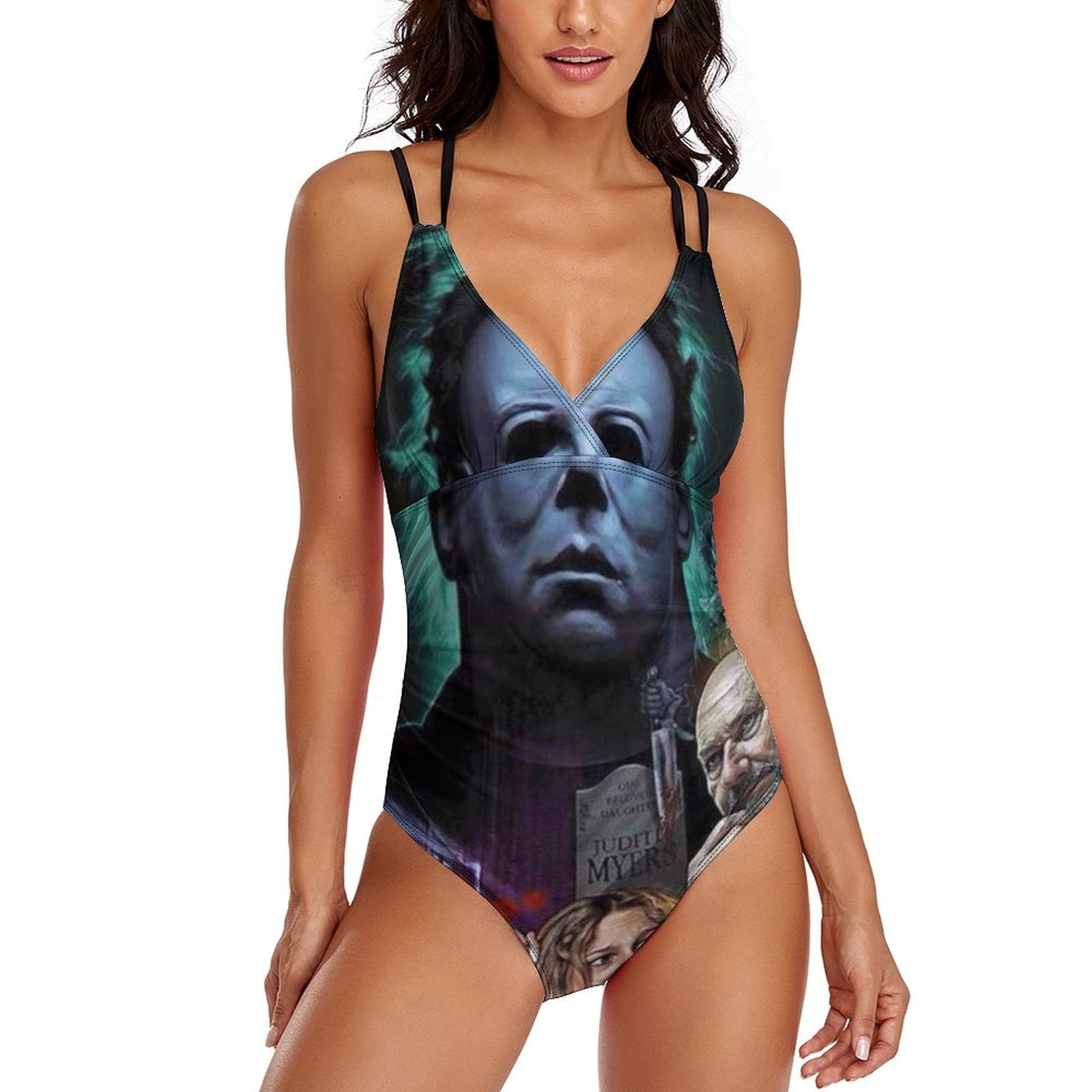 Michael Myers Halloween Womens One Pieces Swimsuit Sexy CirssCross Swimwear Printing Bathing Suits 2XL