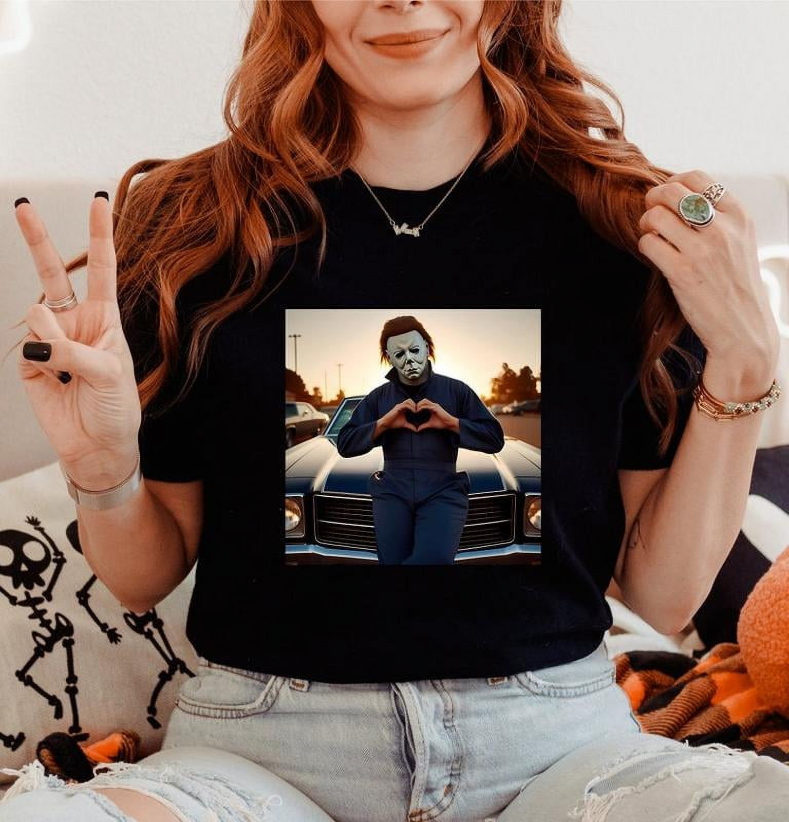 Michael Myers Heart Hands Halloween GarmentDyed . Unisex Comfort Tee T