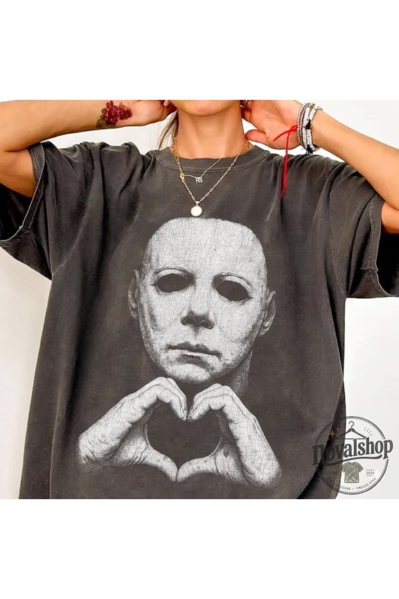 Michael Myers Heart Hands Tee, Vintage Horror Movie T-Shirt, Halloween Slasher Graphic,Charcoal Color,Size 2XL