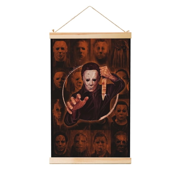 Michael Myers Poster Canvas Wooden Shaft Hanging Poster Home Decor, Aesthetic Wood Frames Scroll Painting Wall Art for Living Room Bedroom Office 12"X18"