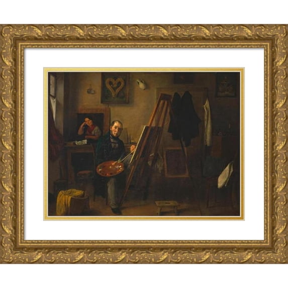 Michael Neder 18x15 Gold Ornate Wood Frame and Double Matted Museum Art Print Titled - Self -Portrait Michael Neder on the Easel (1853)