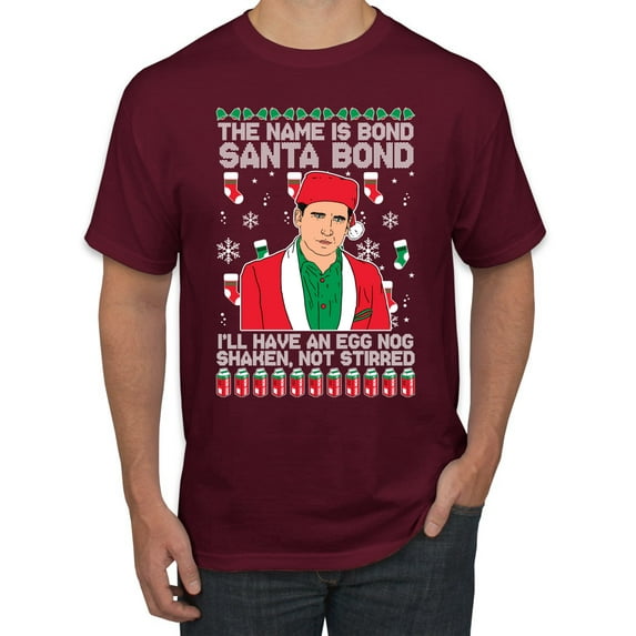 Michael Scott The Name is Bond Santa Bond Ugly Christmas Sweater Men's Graphic T-Shirt, Maroon, Medium