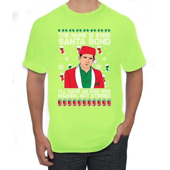 Michael Scott The Name is Bond Santa Bond Ugly Christmas Sweater Men's Graphic T-Shirt, Safety Green, Large