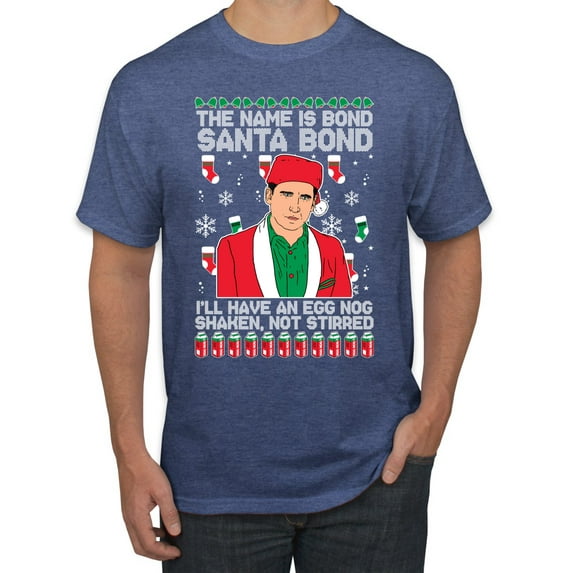 Michael Scott The Name is Bond Santa Bond Ugly Christmas Sweater Men's Graphic T-Shirt, Vintage Heather Blue, Small