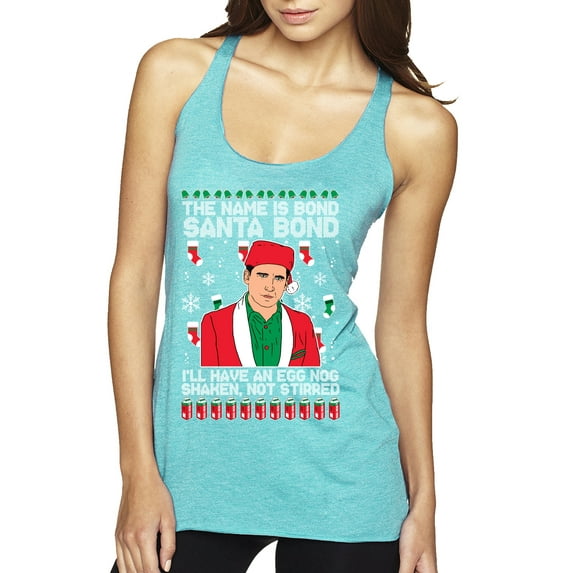 Michael Scott The Name is Bond Santa Bond Ugly Christmas Sweater Tri-Blend Racerback Tank Top, Tahiti Blue, Medium