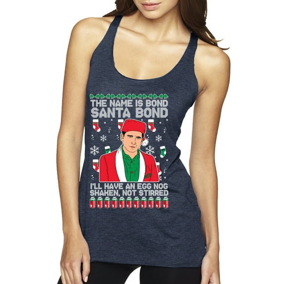 Michael Scott The Name is Bond Santa Bond Ugly Christmas Sweater Tri-Blend Racerback Tank Top, Vintage Navy, Large