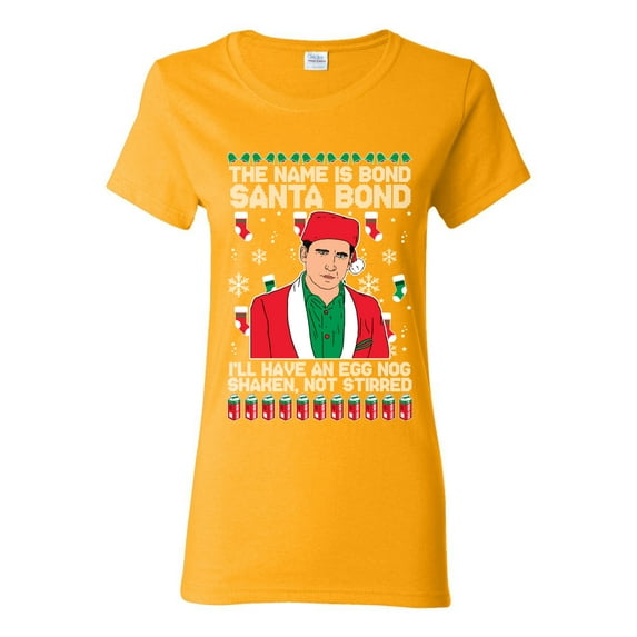 Michael Scott The Name is Bond Santa Bond Ugly Christmas Sweater Womens Graphic T-Shirt, Gold, 2XL