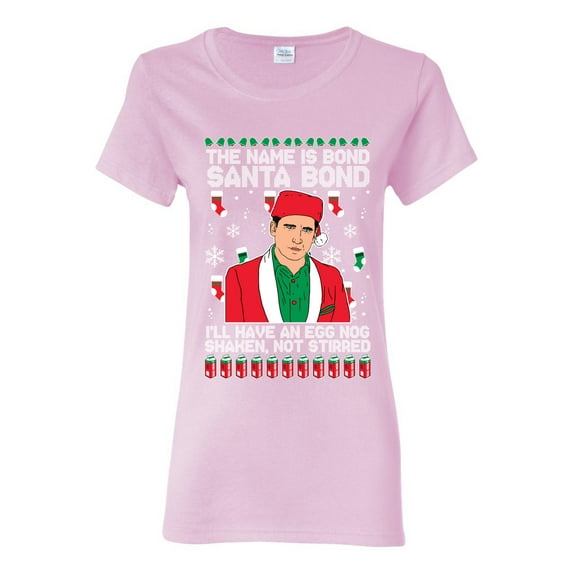 Michael Scott The Name is Bond Santa Bond Ugly Christmas Sweater Womens Graphic T-Shirt, Light Pink, Small