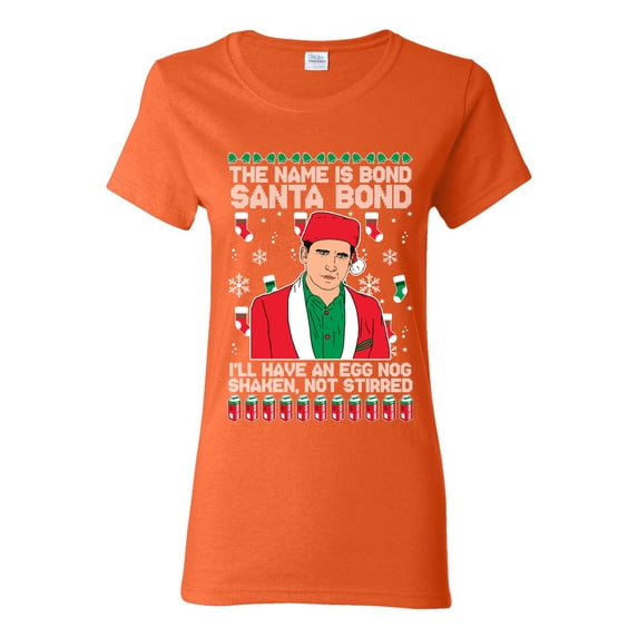 Michael Scott The Name is Bond Santa Bond Ugly Christmas Sweater Womens Graphic T-Shirt, Orange, 2XL