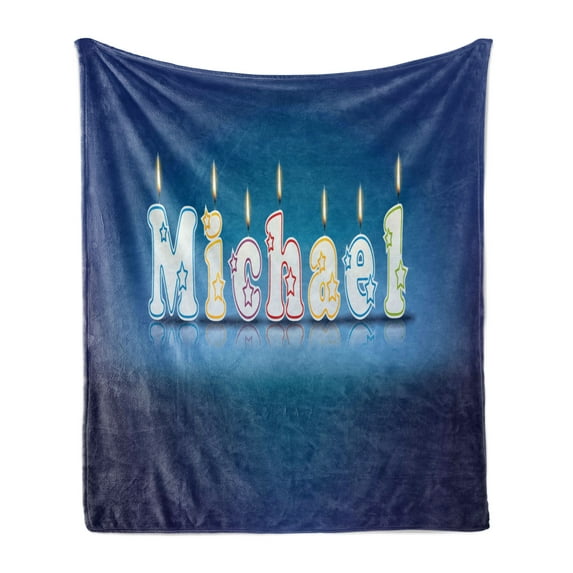 Michael Soft Flannel Fleece Throw Blanket, Kids Boys Name Letter Design for Delicious Birthday Party Cake, Cozy Plush for Indoor and Outdoor Use, 50" x 70", Blue and Multicolor, by Ambesonne
