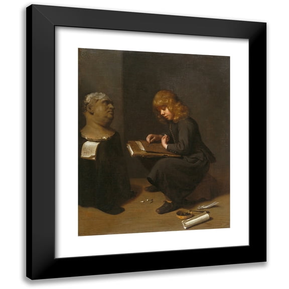 Michael Sweerts 12x14 Black Modern Framed Museum Art Print Titled - Boy Drawing Before the Bust of a Roman Emperor (C. 1661)