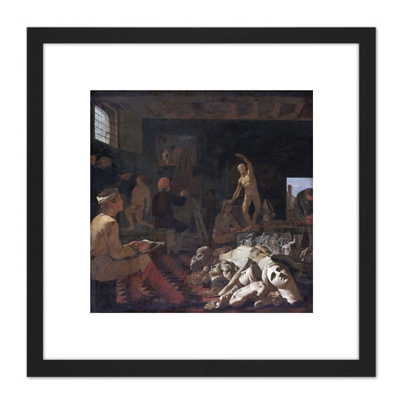 Michael Sweerts A Painters Studio Statues Painting 8X8 Inch Square Wooden Framed Wall Art Print Picture with Mount