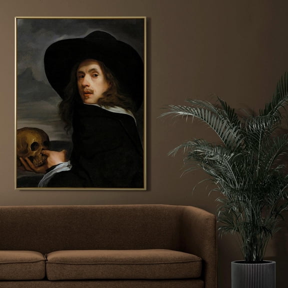 Michael Sweerts - Self Portrait With A Skull., Poster On, Reproduction, Gothic Wall Art, Dark Poster, Unframed Canvas Size 16x24