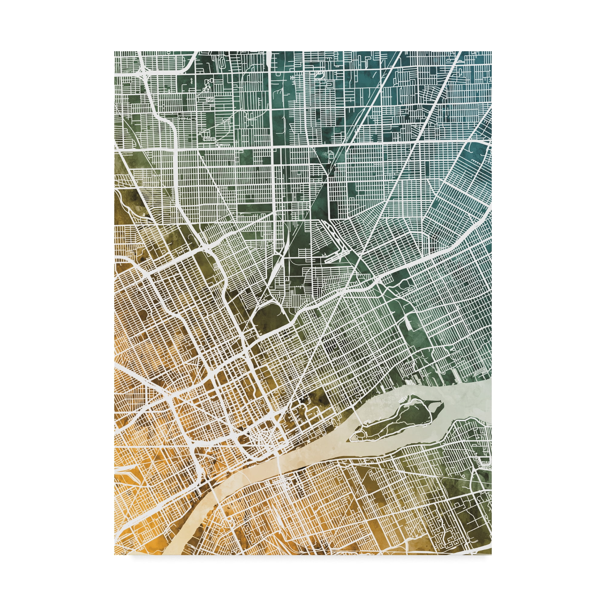 Michael Tompsett 'Detroit Michigan City Map Teal Orange' Canvas Art