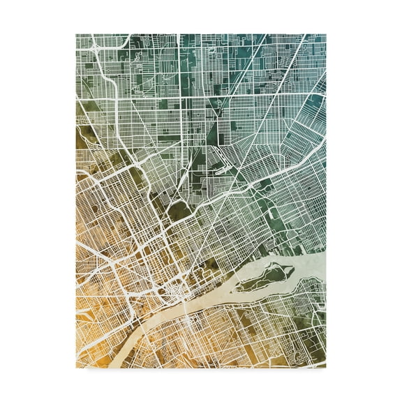 Michael Tompsett 'Detroit Michigan City Map Teal Orange' Canvas Art