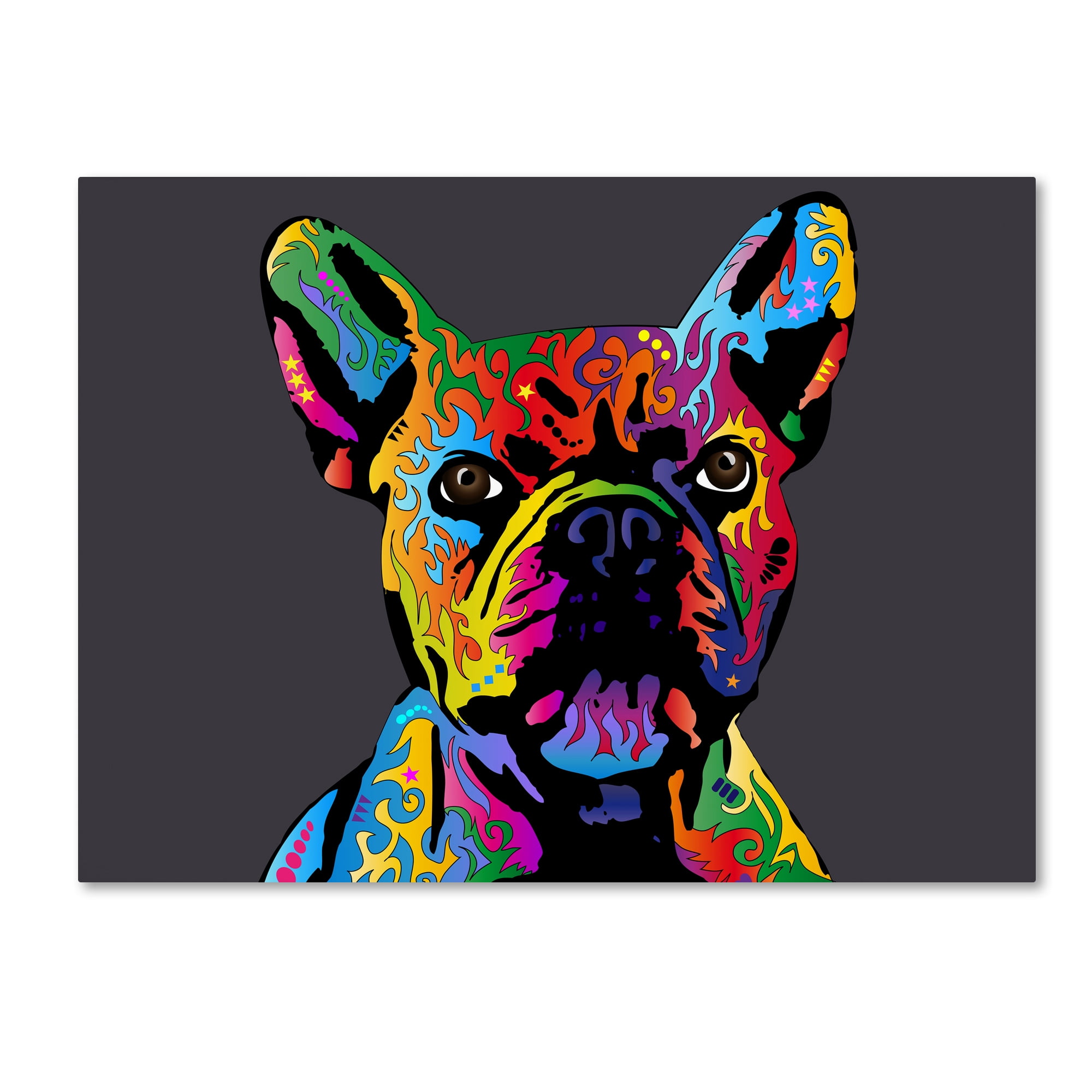 Colorful French Bulldog Portrait Canvas Art in Black Frame
