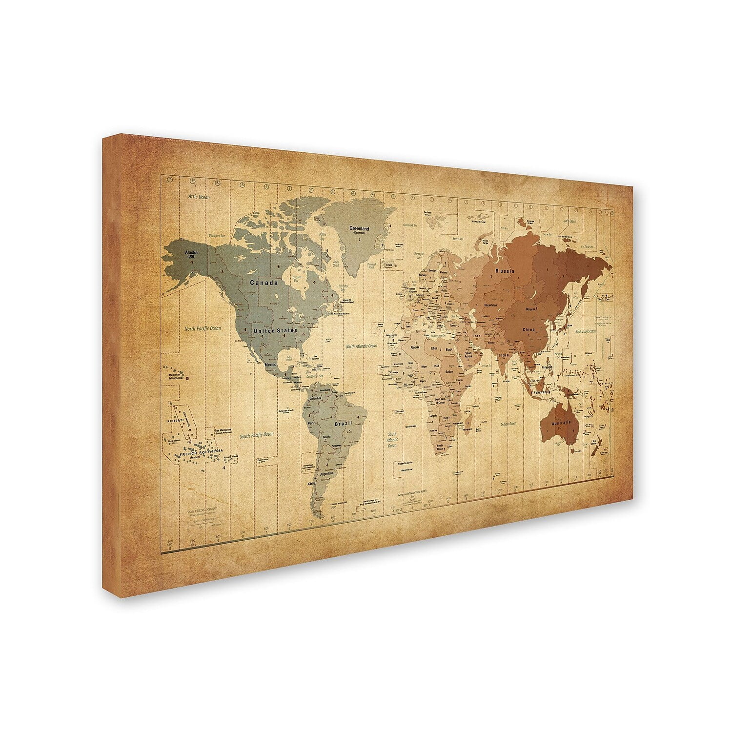 Vintage World Time Zones Map Canvas Art in Brown and Gray