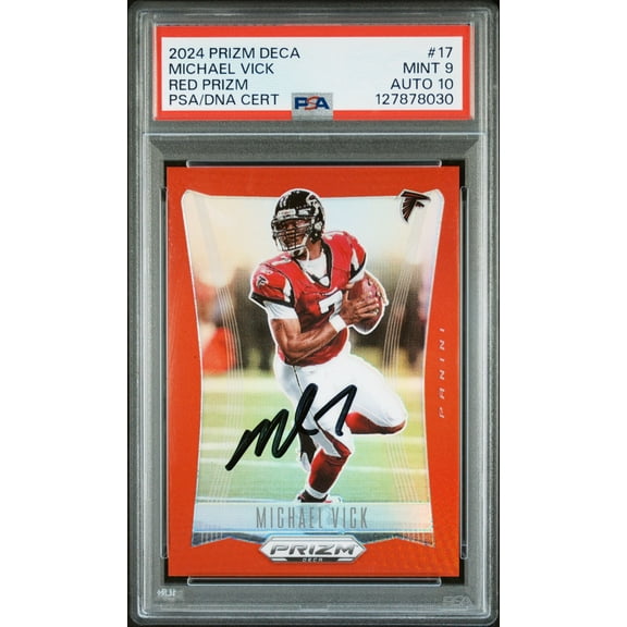Michael Vick 2024 Prizm Deca Red Prizm Signed Football Card #17 Graded PSA 9 Auto 10 127/199 Cert #127878030
