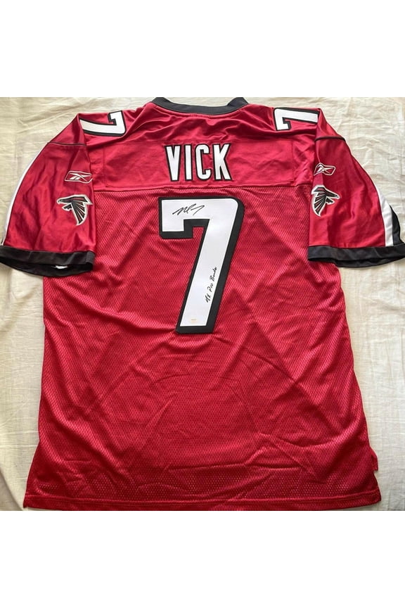 Michael Vick autographed Atlanta Falcons Reebok red stitched jersey inscribed 4X Pro Bowler (Schwartz Sports)