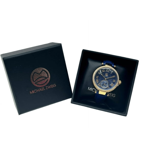 Michael Zweig Roman Ladies Watch in Navy Blue Genuine Leather Fashion Watch (Gol