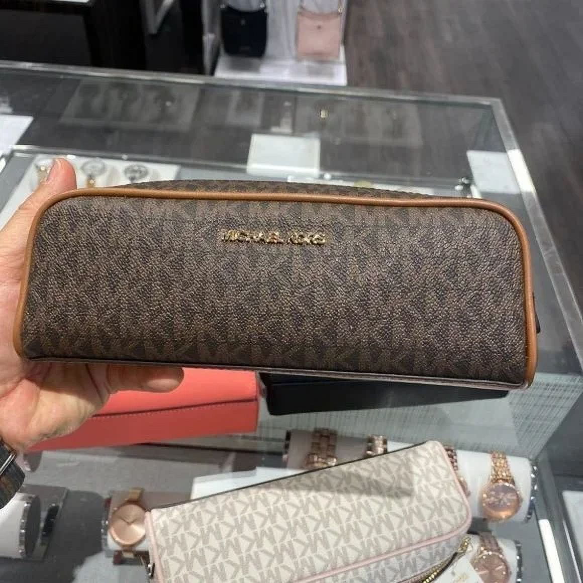 Michael Kors Giftables Medium Pencil Case Brown Signature Leather Makeup Case Walmart