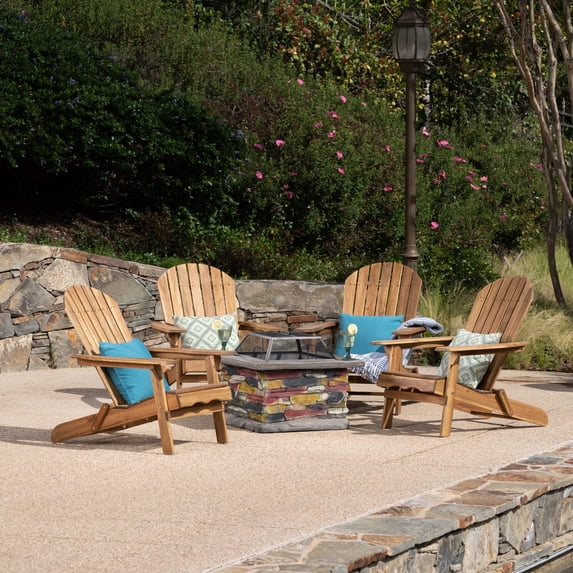 Michaela Outdoor 5 Piece Acacia Wood Adirondack Chair Set with Wood Burning Concrete Fire Pit, Natural Stone, Natural