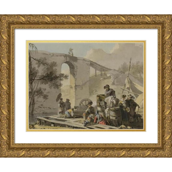 Michel Duplessis 14x11 Gold Ornate Wood Frame and Double Matted Museum Art Print Titled - Soldiers and Their Women in an Encampment