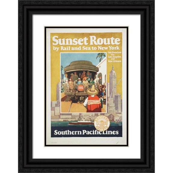 Michel Kady 18x24 Black Ornate Framed Double Matted Museum Art Print Titled: Sunset Route by Rail and Sea to New York Southern Pacific Lines (1930)