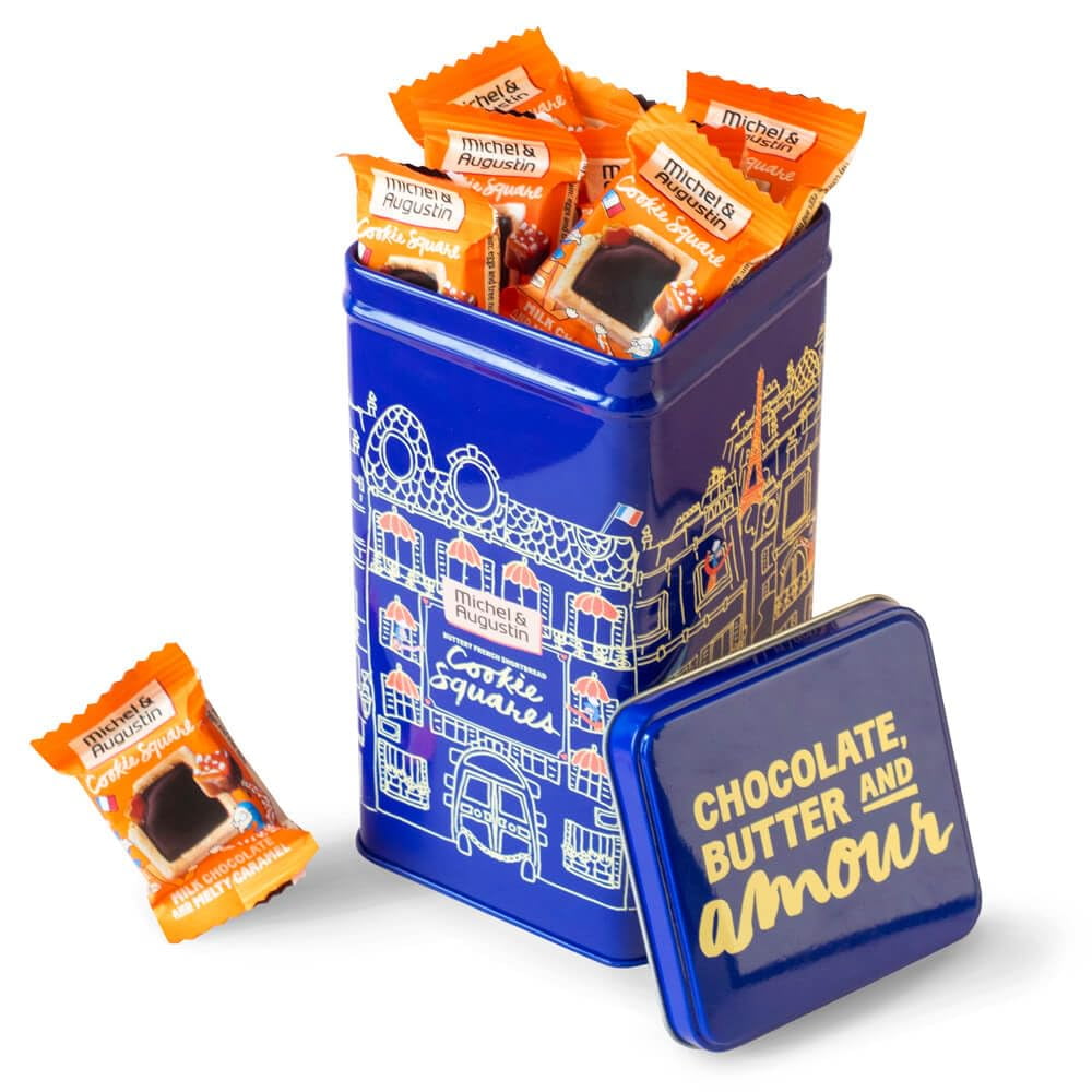 Michel et Augustin Cookies MSF2 Gift Tin, Individually Wrapped Snacks, Gourmet Milk Chocolate & Caramel Shortbread Cookies, Gift Basket, 40 Cookies