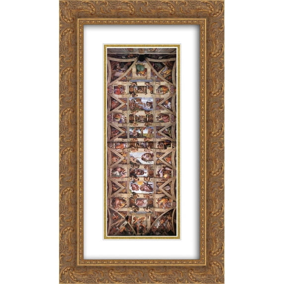 Michelangelo 2x Matted 14x24 Gold Ornate Framed Art Print 'Ceiling of the Sistine Chapel'