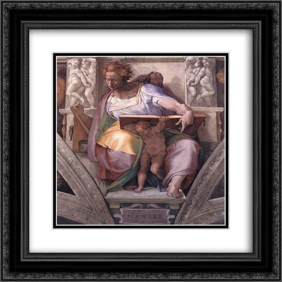Michelangelo 2x Matted 20x20 Black Ornate Framed Art Print 'The Prophet Daniel'