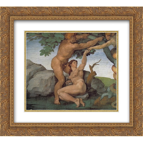 Michelangelo 2x Matted 22x20 Gold Ornate Framed Art Print 'Ceiling of the Sistine Chapel: Genesis, The Fall and Expulsion from Paradise - The Original Sin'